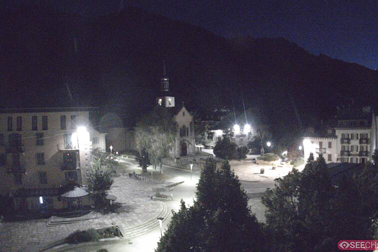 View from a webcam at the back of Chamonix's Cinema overlooking the Chamonix tourist office, the Catholic church, and the Maison de la Montagne