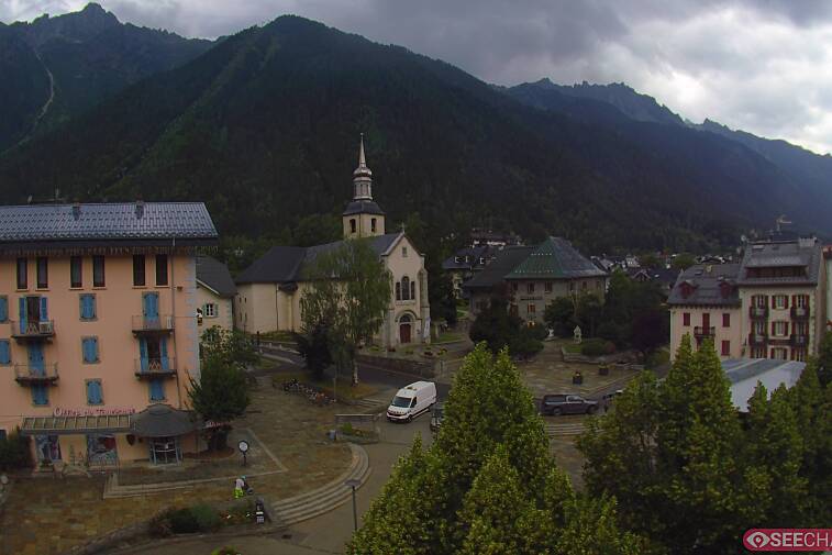 View from a webcam at the back of Chamonix's Cinema overlooking the Chamonix tourist office, the Catholic church, and the Maison de la Montagne