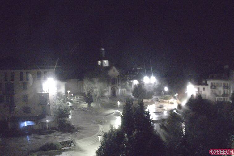 View from a webcam at the back of Chamonix's Cinema overlooking the Chamonix tourist office, the Catholic church, and the Maison de la Montagne