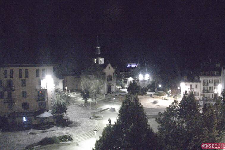 View from a webcam at the back of Chamonix's Cinema overlooking the Chamonix tourist office, the Catholic church, and the Maison de la Montagne