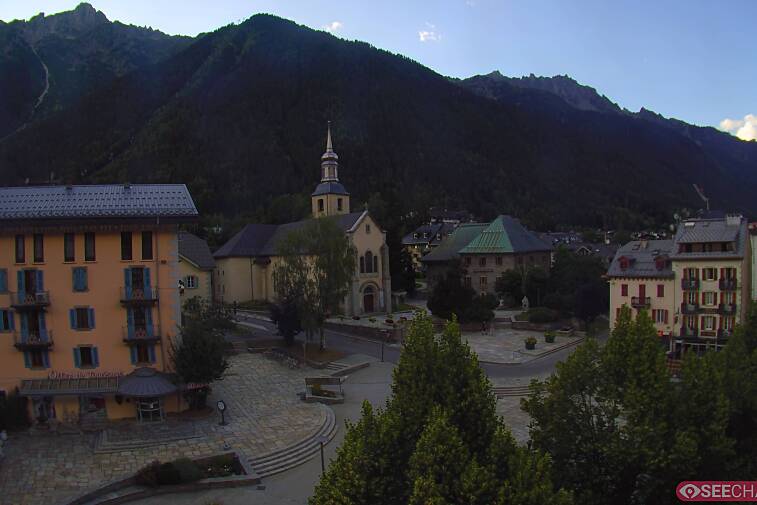 View from a webcam at the back of Chamonix's Cinema overlooking the Chamonix tourist office, the Catholic church, and the Maison de la Montagne