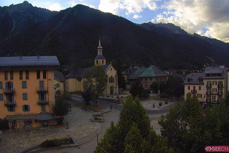 View from a webcam at the back of Chamonix's Cinema overlooking the Chamonix tourist office, the Catholic church, and the Maison de la Montagne