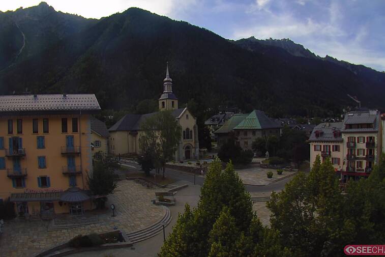 View from a webcam at the back of Chamonix's Cinema overlooking the Chamonix tourist office, the Catholic church, and the Maison de la Montagne