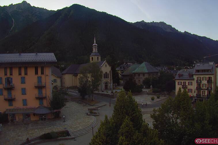 View from a webcam at the back of Chamonix's Cinema overlooking the Chamonix tourist office, the Catholic church, and the Maison de la Montagne