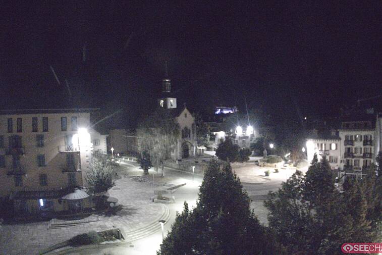 View from a webcam at the back of Chamonix's Cinema overlooking the Chamonix tourist office, the Catholic church, and the Maison de la Montagne