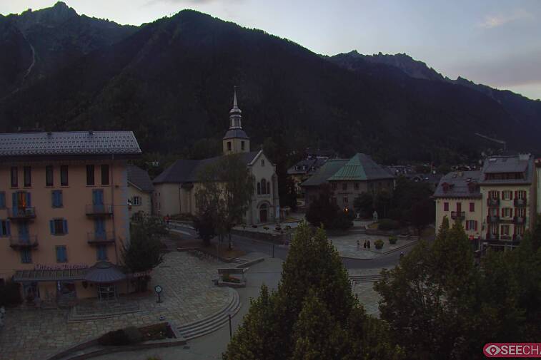 View from a webcam at the back of Chamonix's Cinema overlooking the Chamonix tourist office, the Catholic church, and the Maison de la Montagne