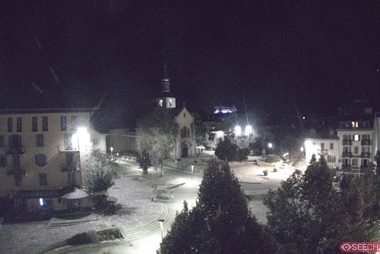 View from a webcam at the back of Chamonix's Cinema overlooking the Chamonix tourist office, the Catholic church, and the Maison de la Montagne