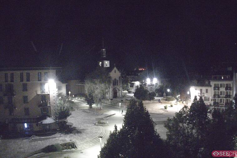 View from a webcam at the back of Chamonix's Cinema overlooking the Chamonix tourist office, the Catholic church, and the Maison de la Montagne