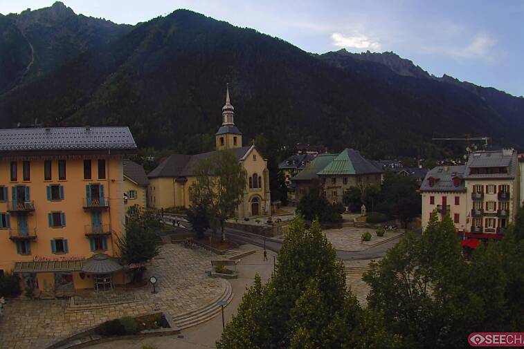 View from a webcam at the back of Chamonix's Cinema overlooking the Chamonix tourist office, the Catholic church, and the Maison de la Montagne