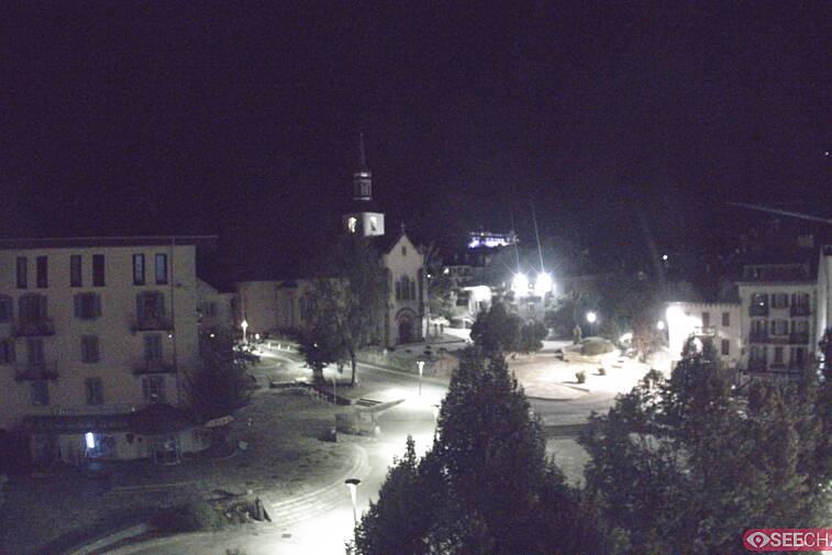View from a webcam at the back of Chamonix's Cinema overlooking the Chamonix tourist office, the Catholic church, and the Maison de la Montagne