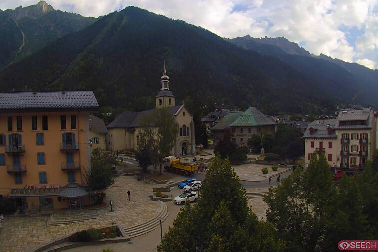 View from a webcam at the back of Chamonix's Cinema overlooking the Chamonix tourist office, the Catholic church, and the Maison de la Montagne