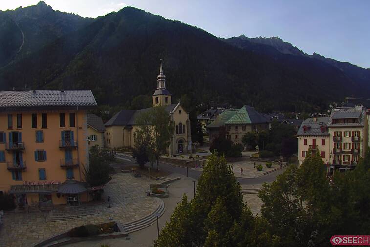 View from a webcam at the back of Chamonix's Cinema overlooking the Chamonix tourist office, the Catholic church, and the Maison de la Montagne