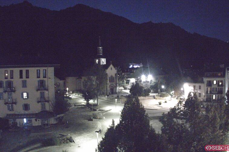 View from a webcam at the back of Chamonix's Cinema overlooking the Chamonix tourist office, the Catholic church, and the Maison de la Montagne