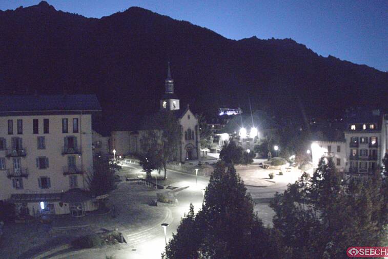 View from a webcam at the back of Chamonix's Cinema overlooking the Chamonix tourist office, the Catholic church, and the Maison de la Montagne