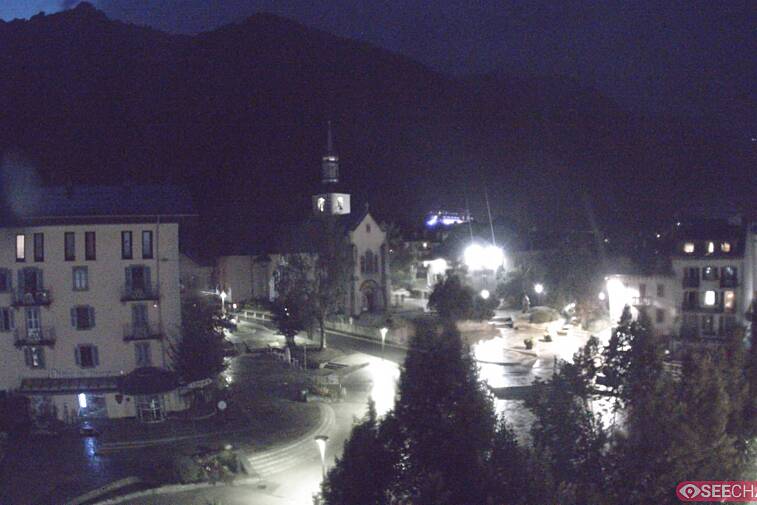 View from a webcam at the back of Chamonix's Cinema overlooking the Chamonix tourist office, the Catholic church, and the Maison de la Montagne