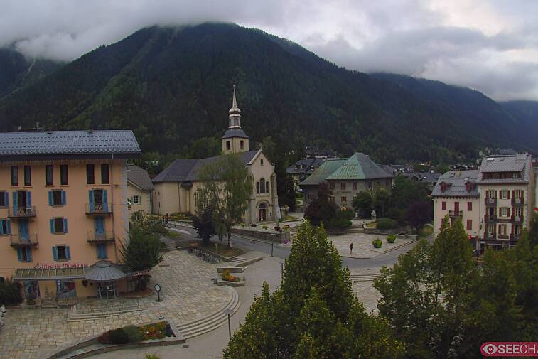 View from a webcam at the back of Chamonix's Cinema overlooking the Chamonix tourist office, the Catholic church, and the Maison de la Montagne