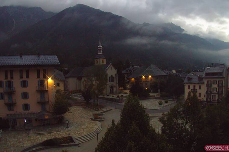View from a webcam at the back of Chamonix's Cinema overlooking the Chamonix tourist office, the Catholic church, and the Maison de la Montagne