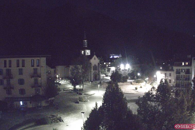 View from a webcam at the back of Chamonix's Cinema overlooking the Chamonix tourist office, the Catholic church, and the Maison de la Montagne