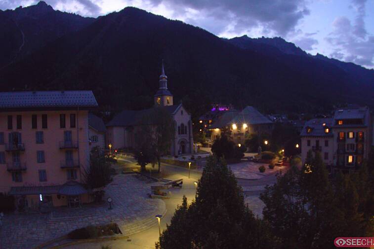 View from a webcam at the back of Chamonix's Cinema overlooking the Chamonix tourist office, the Catholic church, and the Maison de la Montagne