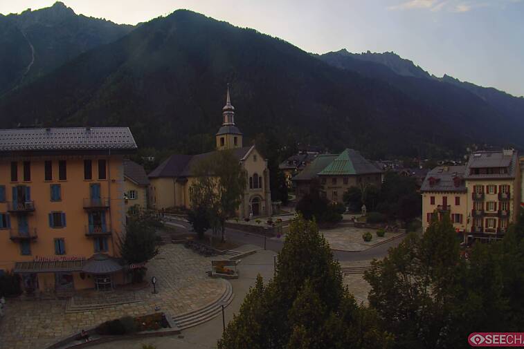 View from a webcam at the back of Chamonix's Cinema overlooking the Chamonix tourist office, the Catholic church, and the Maison de la Montagne