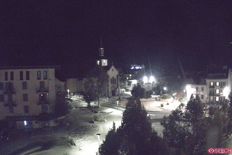View from a webcam at the back of Chamonix's Cinema overlooking the Chamonix tourist office, the Catholic church, and the Maison de la Montagne