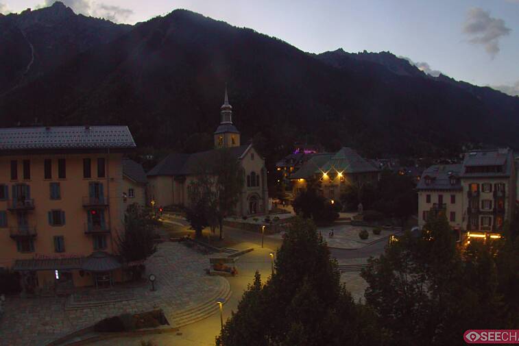 View from a webcam at the back of Chamonix's Cinema overlooking the Chamonix tourist office, the Catholic church, and the Maison de la Montagne