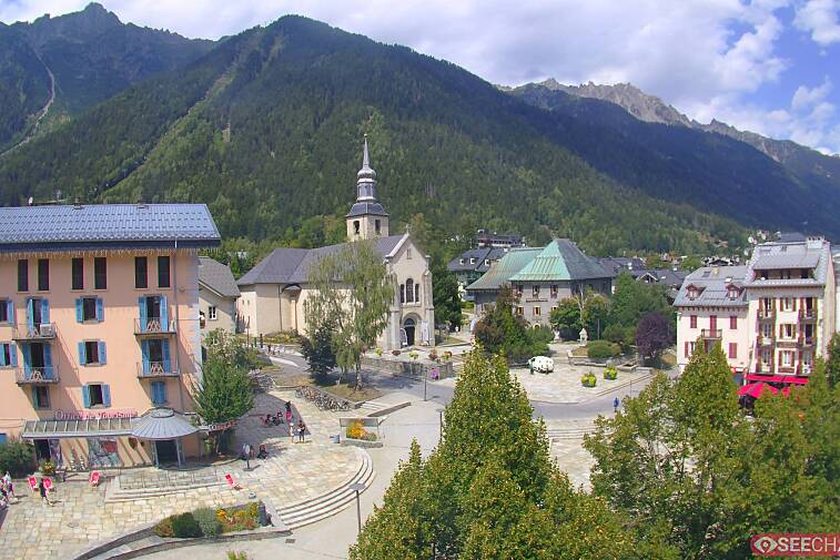 View from a webcam at the back of Chamonix's Cinema overlooking the Chamonix tourist office, the Catholic church, and the Maison de la Montagne