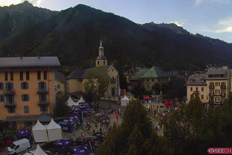 View from a webcam at the back of Chamonix's Cinema overlooking the Chamonix tourist office, the Catholic church, and the Maison de la Montagne