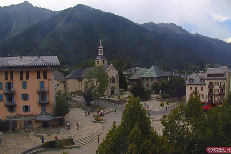 View from a webcam at the back of Chamonix's Cinema overlooking the Chamonix tourist office, the Catholic church, and the Maison de la Montagne