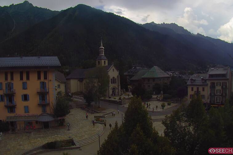 View from a webcam at the back of Chamonix's Cinema overlooking the Chamonix tourist office, the Catholic church, and the Maison de la Montagne