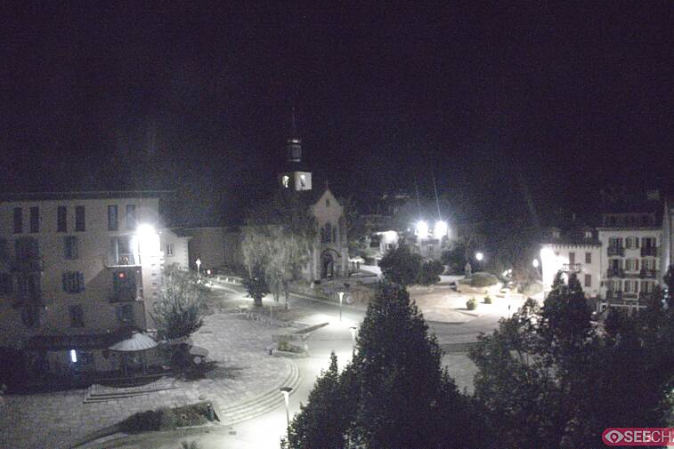 View from a webcam at the back of Chamonix's Cinema overlooking the Chamonix tourist office, the Catholic church, and the Maison de la Montagne