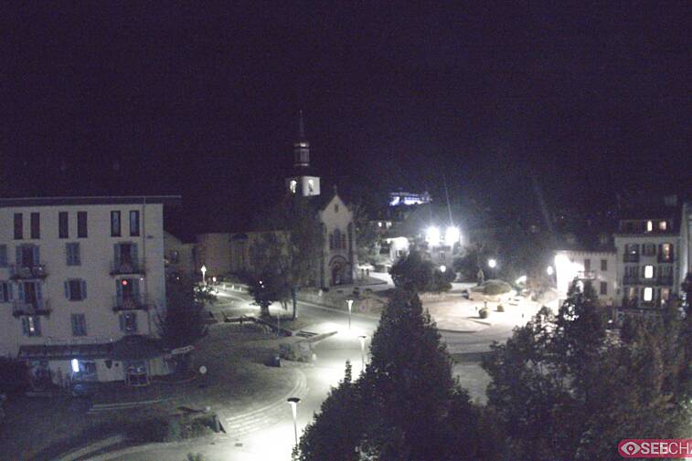 View from a webcam at the back of Chamonix's Cinema overlooking the Chamonix tourist office, the Catholic church, and the Maison de la Montagne