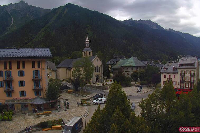 View from a webcam at the back of Chamonix's Cinema overlooking the Chamonix tourist office, the Catholic church, and the Maison de la Montagne