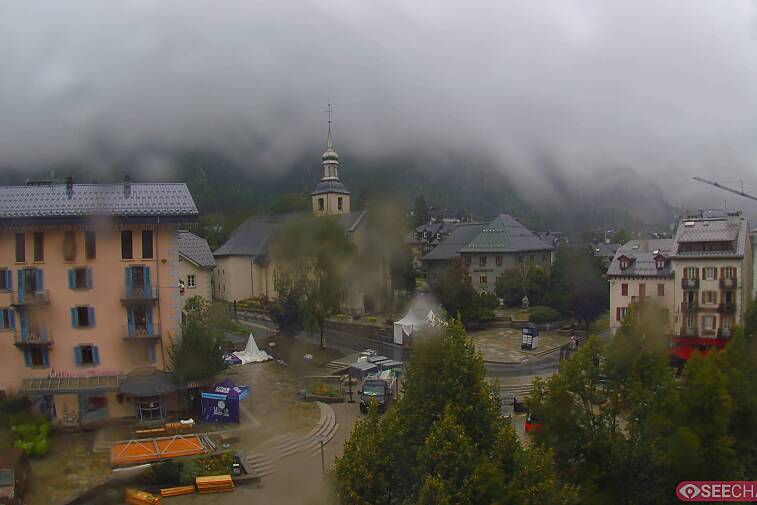 View from a webcam at the back of Chamonix's Cinema overlooking the Chamonix tourist office, the Catholic church, and the Maison de la Montagne