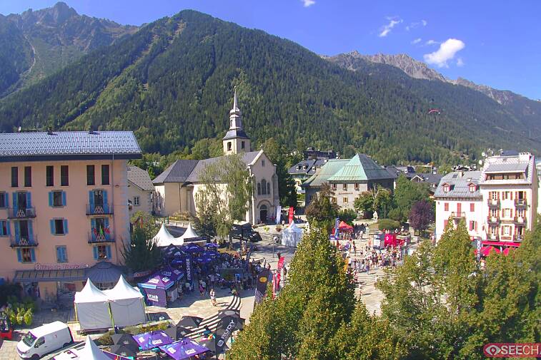 View from a webcam at the back of Chamonix's Cinema overlooking the Chamonix tourist office, the Catholic church, and the Maison de la Montagne