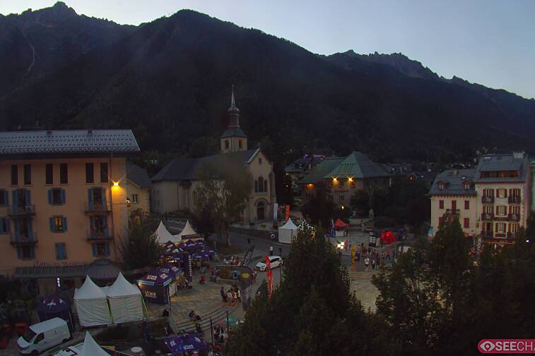 View from a webcam at the back of Chamonix's Cinema overlooking the Chamonix tourist office, the Catholic church, and the Maison de la Montagne