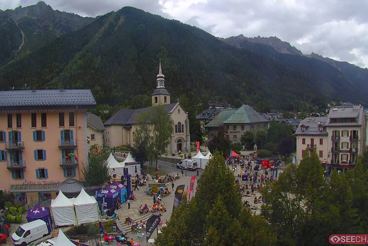 View from a webcam at the back of Chamonix's Cinema overlooking the Chamonix tourist office, the Catholic church, and the Maison de la Montagne