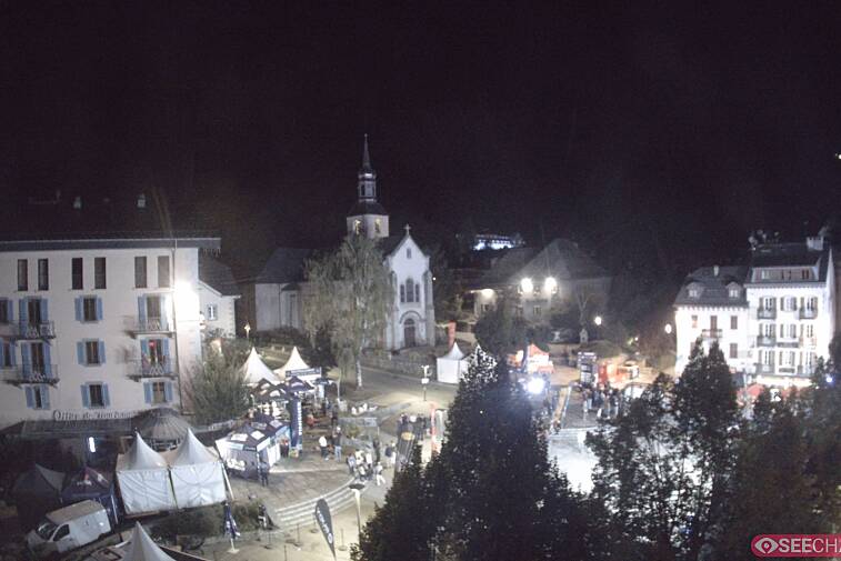 View from a webcam at the back of Chamonix's Cinema overlooking the Chamonix tourist office, the Catholic church, and the Maison de la Montagne