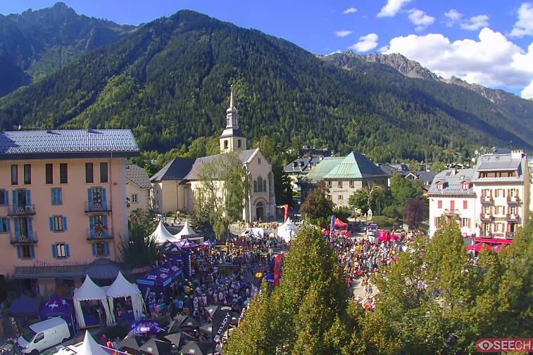 View from a webcam at the back of Chamonix's Cinema overlooking the Chamonix tourist office, the Catholic church, and the Maison de la Montagne