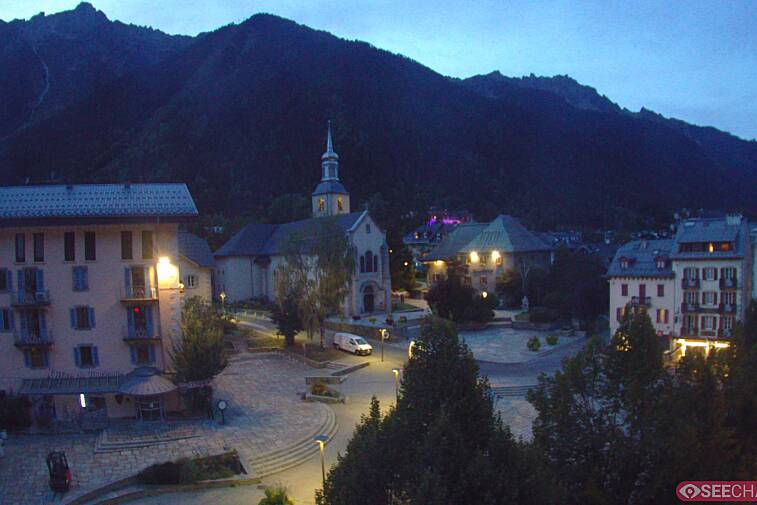 View from a webcam at the back of Chamonix's Cinema overlooking the Chamonix tourist office, the Catholic church, and the Maison de la Montagne