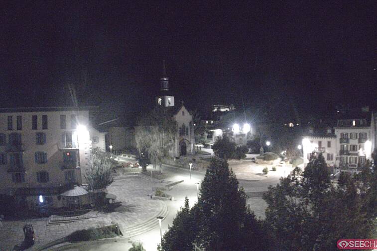 View from a webcam at the back of Chamonix's Cinema overlooking the Chamonix tourist office, the Catholic church, and the Maison de la Montagne