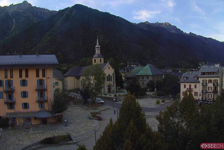 View from a webcam at the back of Chamonix's Cinema overlooking the Chamonix tourist office, the Catholic church, and the Maison de la Montagne