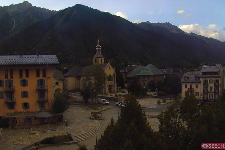 View from a webcam at the back of Chamonix's Cinema overlooking the Chamonix tourist office, the Catholic church, and the Maison de la Montagne