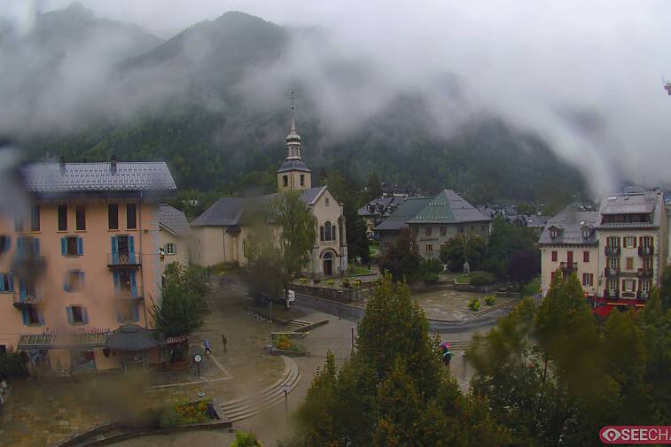 View from a webcam at the back of Chamonix's Cinema overlooking the Chamonix tourist office, the Catholic church, and the Maison de la Montagne
