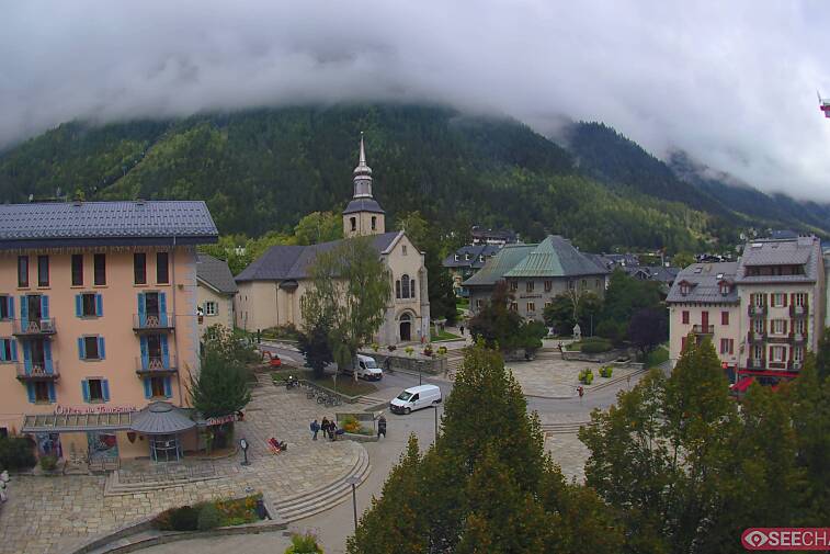 View from a webcam at the back of Chamonix's Cinema overlooking the Chamonix tourist office, the Catholic church, and the Maison de la Montagne