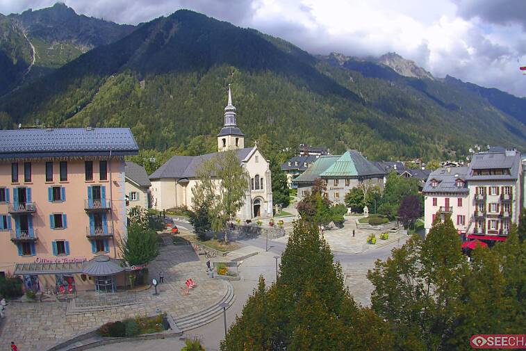 View from a webcam at the back of Chamonix's Cinema overlooking the Chamonix tourist office, the Catholic church, and the Maison de la Montagne