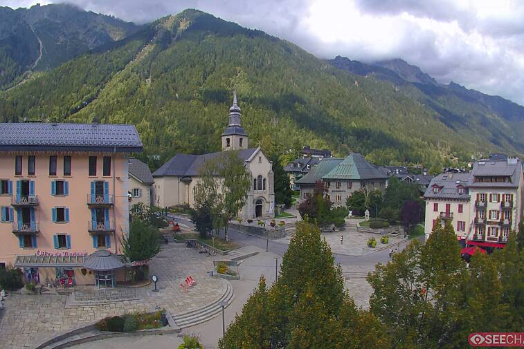 View from a webcam at the back of Chamonix's Cinema overlooking the Chamonix tourist office, the Catholic church, and the Maison de la Montagne