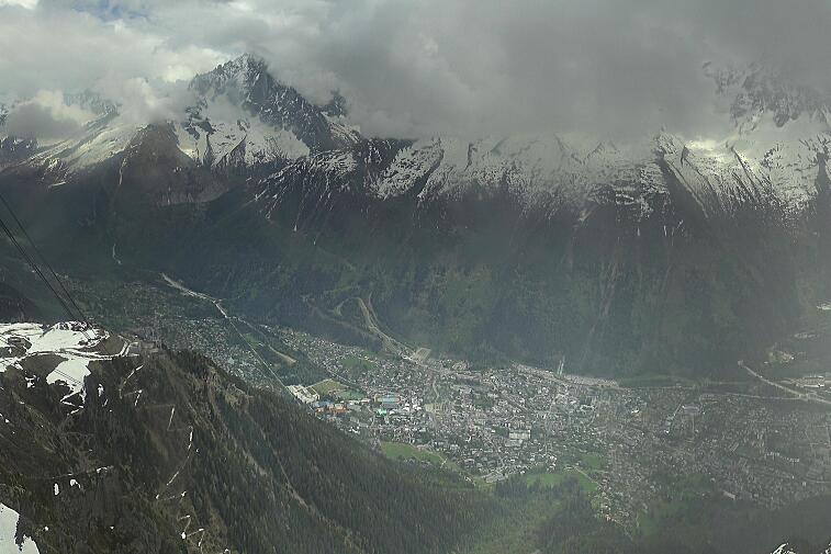 Awesome webcam view of the Chamonix valley from the top of the Brevent (2525 metres).  You can see the whole of Chamonix town, the Brevent ski area, and the Mont Blanc range.