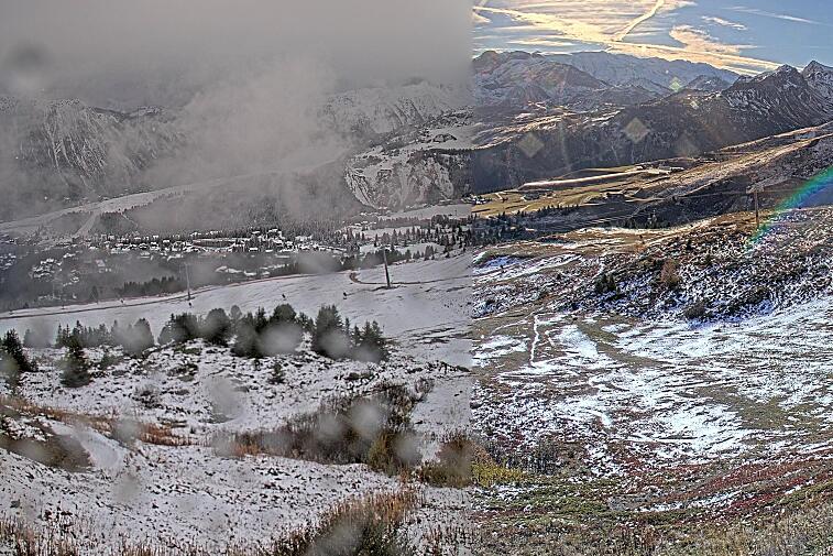Birds-eye webcam view of conditions on the pistes above Courchevel 1650. The top station of the Ariondaz cable car is visible on the left-hand side of the shot.
