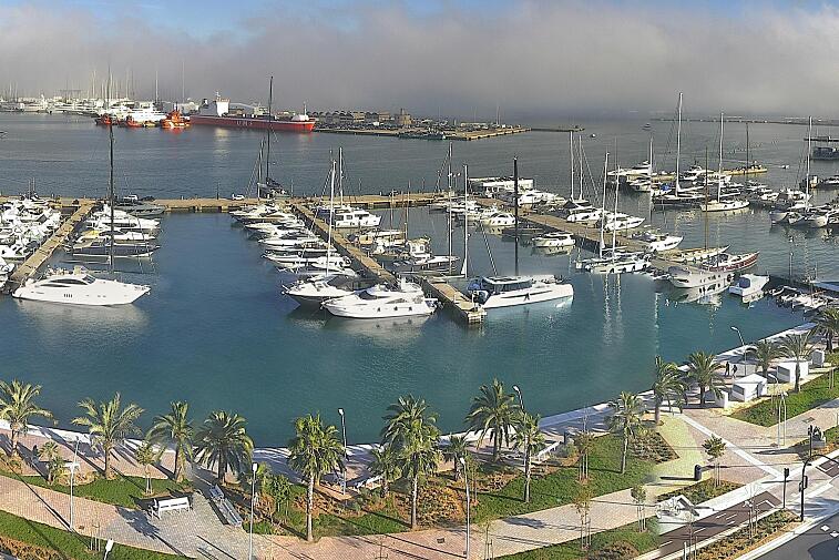 Webcam view of Palma de Mallorca marina, which caters to boats of all shapes and sizes. The cathedral La Seu can be seen in the distance. In the foreground is the Avinguda de Gabriel Roca.